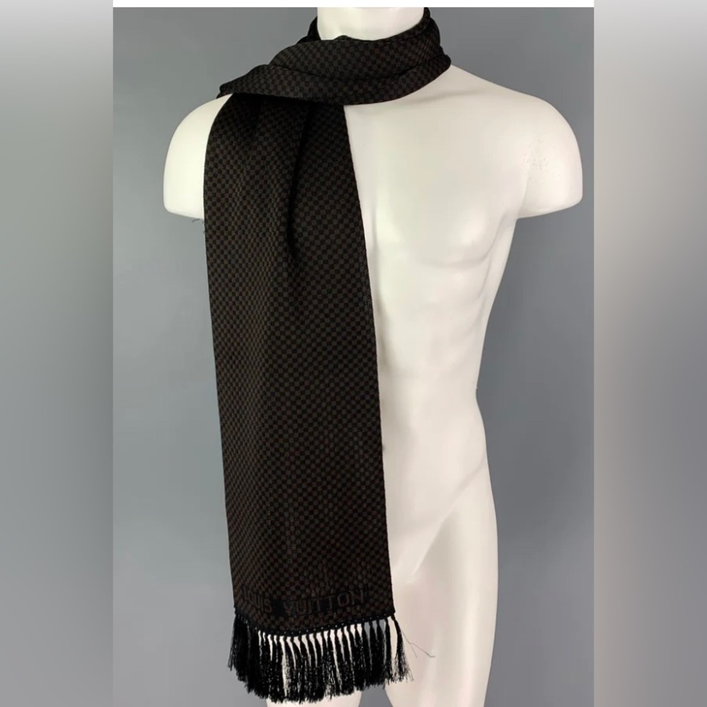 LOUIS VUITTON Black Brown Damier Silk Fringe Scarf